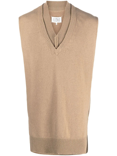 Maison Margiela Layered-detail V-neck Jumper In Brown