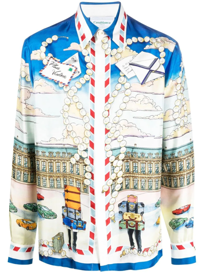 Casablanca Long Sleeve Silk Shirt With Mosaics Grecques In Multicolor
