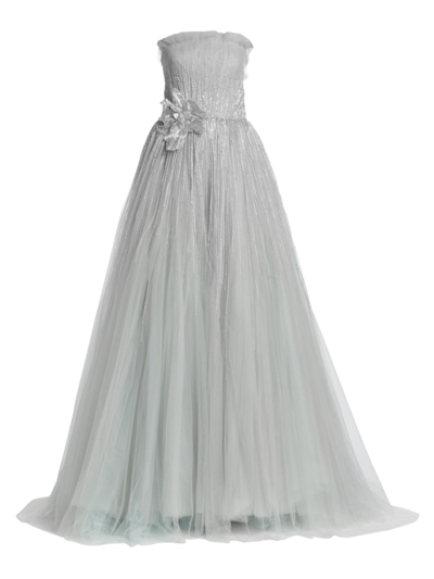 Oscar De La Renta Strapless Crystal Flower Pleated Tulle Gown In Silver