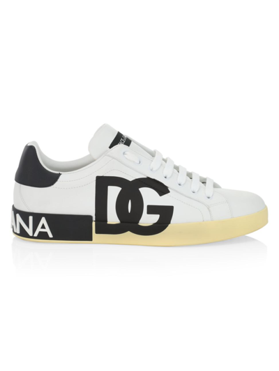 Dolce & Gabbana Calfskin Portofino Sneakers With Dg Logo In White_black