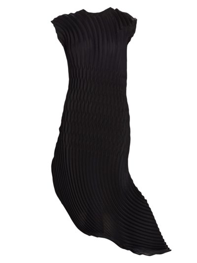 Issey Miyake Linen-like Pleats Asymmetric Midi Dress In Black