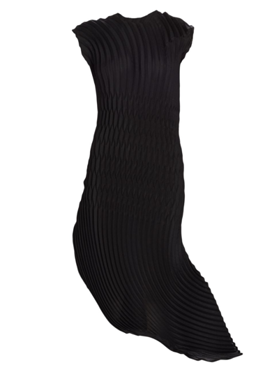 Issey Miyake Linen-like Pleats Asymmetric Midi Dress In Black 
