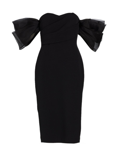 Badgley Mischka Organza Puff Sleeve Off-the-shoulder Midi Dress In Black