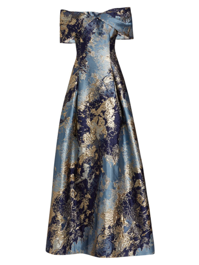 Teri Jon By Rickie Freeman Metallic Floral Jacquard Gown In Blue Multi