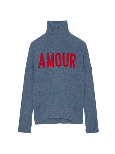 Zadig & Voltaire Alma We Amour Intarsia-knit Pullover Sweater In Denim