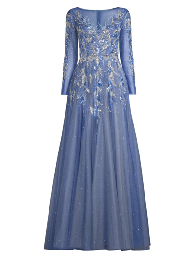 Basix Floral Beaded Sequin A-line Gown In Blue