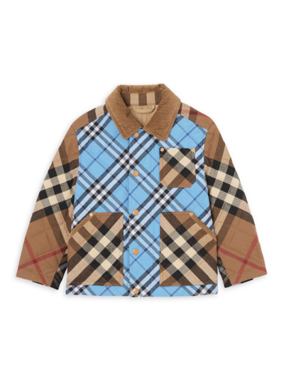 Burberry Kids' Boy's Renfred Mixed Check-print Quilted Jacket In Brown,light Blue