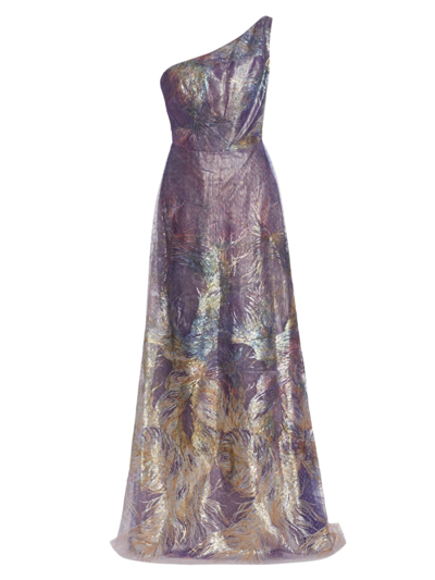 Rene Ruiz Collection One-shoulder Feather Brocade Gown In Neutral