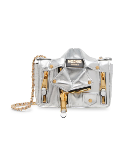 Moschino Biker Jacket Metallic Leather Crossbody Bag In Silver