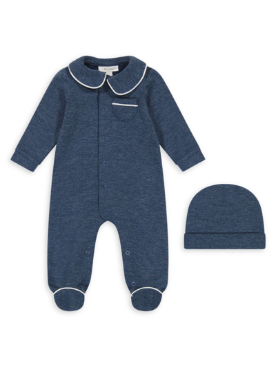 Miniclasix Baby's 2-piece Contrast-trim Coverall & Hat Set In Blue