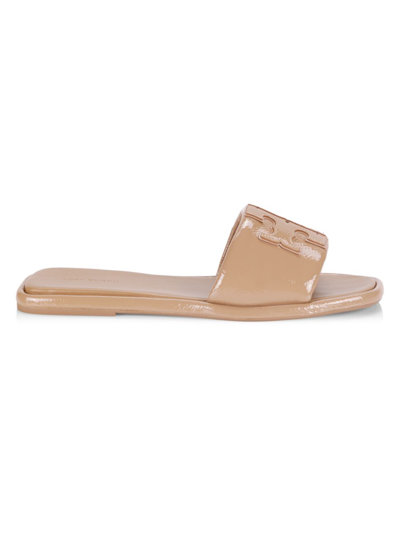 Tory Burch Patent Leather Logo Slides In Almond Flour