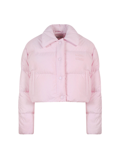 Miu Miu Padded And Quilted Nylon Jacket With Front Logo In Pink & Purple