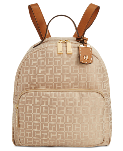 Tommy Hilfiger Julia Monogram Jacquard Dome Backpack, Created For Macy's In Khaki Tonal