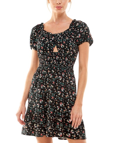 As U Wish As You Wish Juniors' Cutout Tie-back Dress In Black Floral