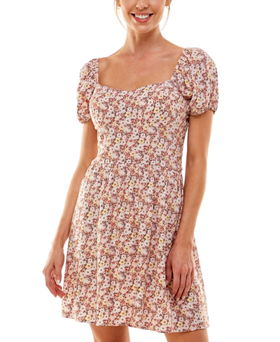 As U Wish As You Wish Juniors' Puff-sleeve Dress In Rose Floral