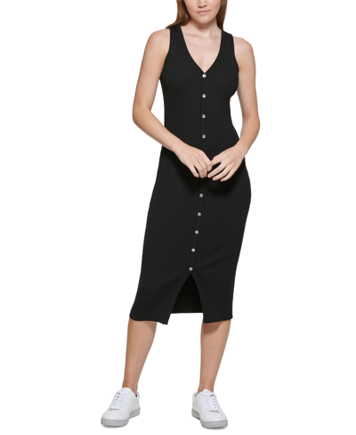 Calvin Klein Jeans Est.1978 Women's Petite Ribbed Button-down Midi Dress In Black