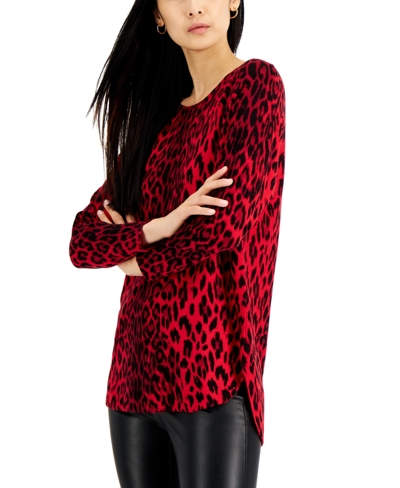 Inc International Concepts Petite Leopard-print Shirttail-hem Tunic Sweater, Created For Macy's In Natural Leo Red