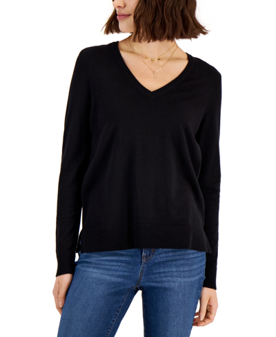 Style & Co Women's V-neck Long-sleeve Sweater, Created For Macy's In Deep Black