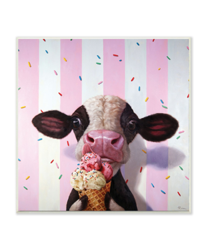 Stupell Industries Cute Baby Cow With Ice Cream Cone Pink Stripes Art, 12" X 12" In Multi-color
