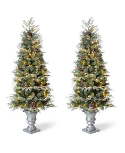 Glitzhome 5' Pre-lit Pine Artificial Christmas Porch Tree With 180 Warm White Lights And Pine Cones Set, 2 Pie In Green