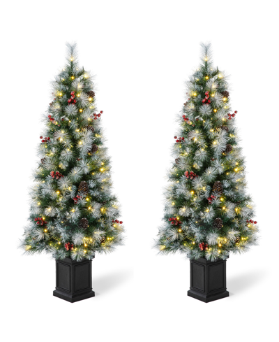 Glitzhome 5' Pre-lit Pine Artificial Christmas Porch Tree With 150 Warm White Lights Set, 2 Piece In Green