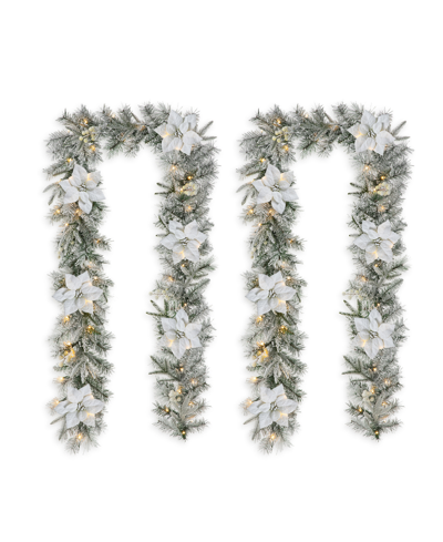 Glitzhome 9' Pre-lit Snow Flocked Greenery Pine Poinsettia Christmas Garland With 50 Warm White Lights Set, 2 In Multi