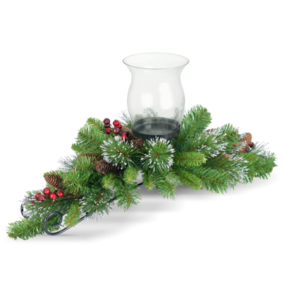National Tree Company 30" Crestwood Spruce Centerpiece W/ 1 Candle Holder & Glass Cup With 9 Cones & 6 Berries In Green