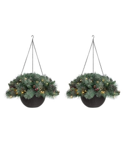 Glitzhome 24" Pre-lit Frosted Christmas Artificial Pine Cone Hanging Basket, 50 Warm White Lights Set, 2 Piece In Green
