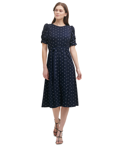 Dkny Petite Polka-dot Ruched-sleeve Midi Dress In Pine Heather
