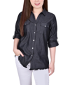 Ny Collection Petite Size 3/4 Roll Tab Chambray Blouse In Black