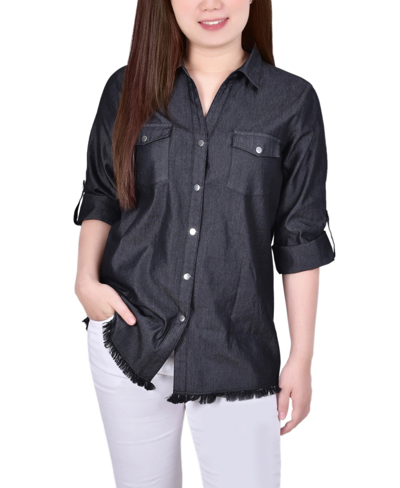 Ny Collection Petite Size 3/4 Roll Tab Chambray Blouse In Black Knitdenim