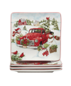 Certified International Red Truck Snowman 4 Piece Dinner Plate Set In Red And White