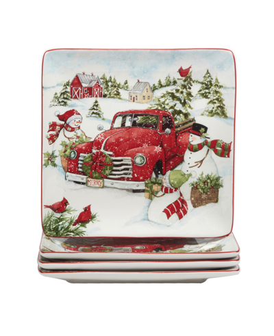 Certified International Red Truck Snowman 4 Piece Dinner Plate Set In Red And White