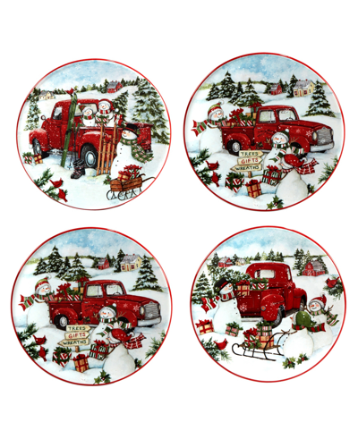 Certified International Red Truck Snowman Set Of 4 Canape Plates In Multi