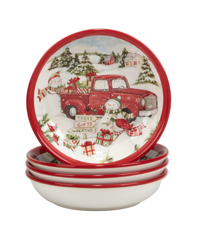 Certified International Red Truck Snowman Set Of 4 Soup Bowls In Multi