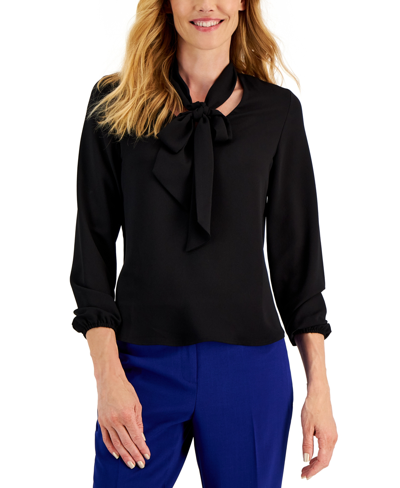 Kasper Women's Long Sleeve Bow Blouse, Regular And Petite Sizes In Black