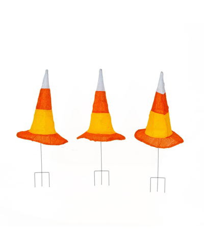 National Tree Company 23" 3-piece Pre-lit Candy Corn Witch's Hat Garden Stakes Set In Orange