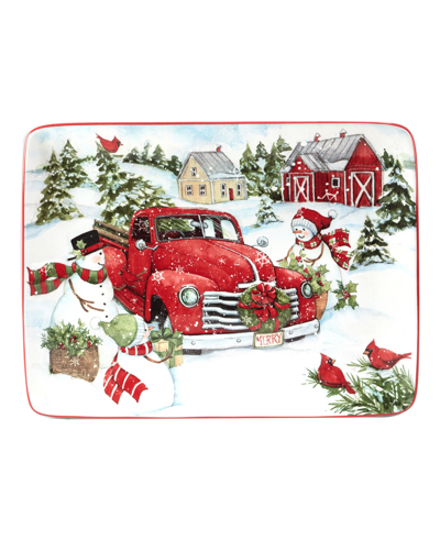 Certified International Red Truck Snowman Rectangular Platter In Multi