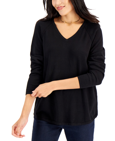 Karen Scott Petite Cotton V-neck Curved-hem Pullover Sweater, Created For Macy's In Deep Black