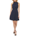 Vince Camuto Petite Bow-neck Fit & Flare Dress In Nvy