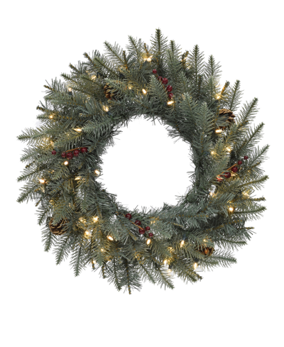 Perfect Holiday Pre-lit Carolina Spruce Wreath With Pine Cones & Red Berry Clusters, 24" In Green