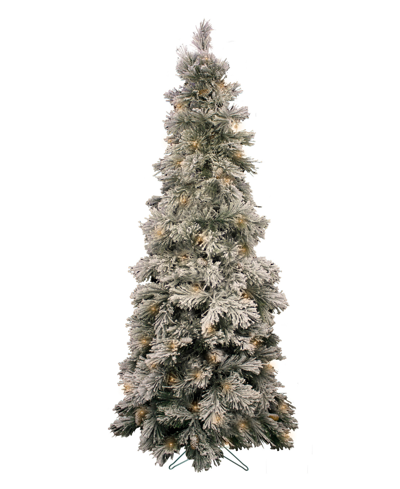 Perfect Holiday Pre-lit Slim Heavy Snow Flocked Alberta Tree With Metal Stand, 7" In Green