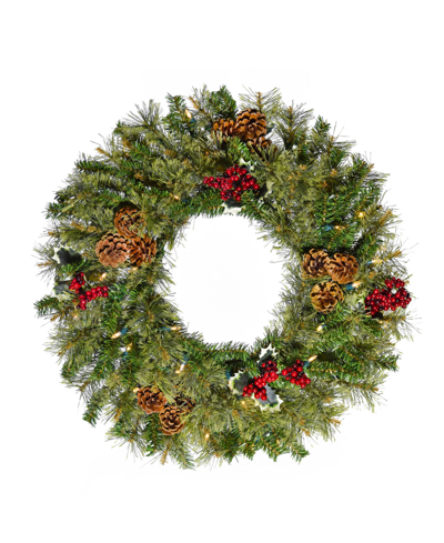Perfect Holiday Pre-lit Cheyenne Pine Wreath With Pine Cones & Red Berry Clusters, 2" In Green