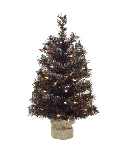 Perfect Holiday Tabletop Matte Black Gold Tinsel Halloween Tree With Burlap Base, 2"
