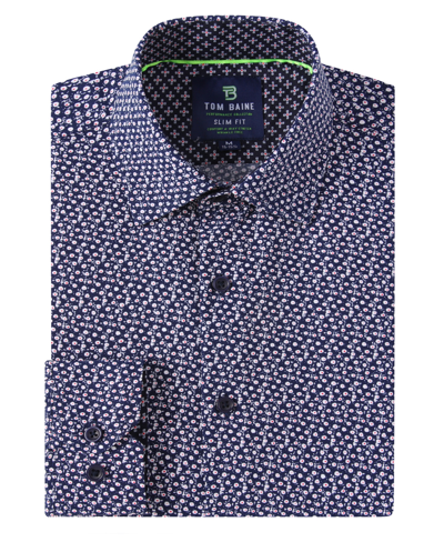 Tom Baine Men's Slim Fit Performance Long Sleeve Geometric Dress Shirt In Navy Dots