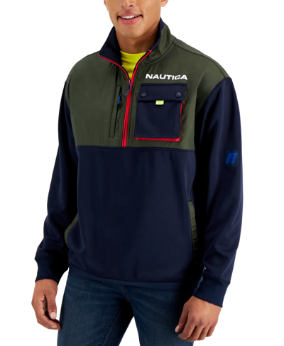 Nautica Men's Sustainably Crafted Mixed Media Quarter-zip Pullover In Navy