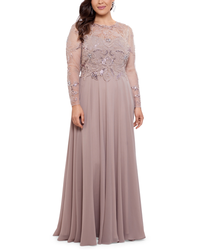 Xscape Plus Size Embellished Illusion Gown In Taupe