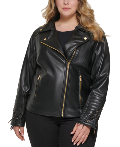 Guess Women's Plus Size Faux-leather Asymmetric Moto Coat In Black