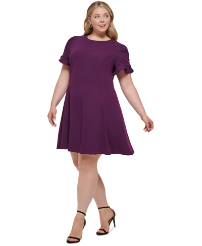 Dkny Plus Womens Embellished Short Sleeve Fit & Flare Dress In Wine