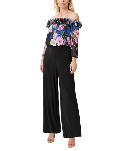 Adrianna Papell Plus Size Floral-print Off-the-shoulder Jumpsuit In Black/multi